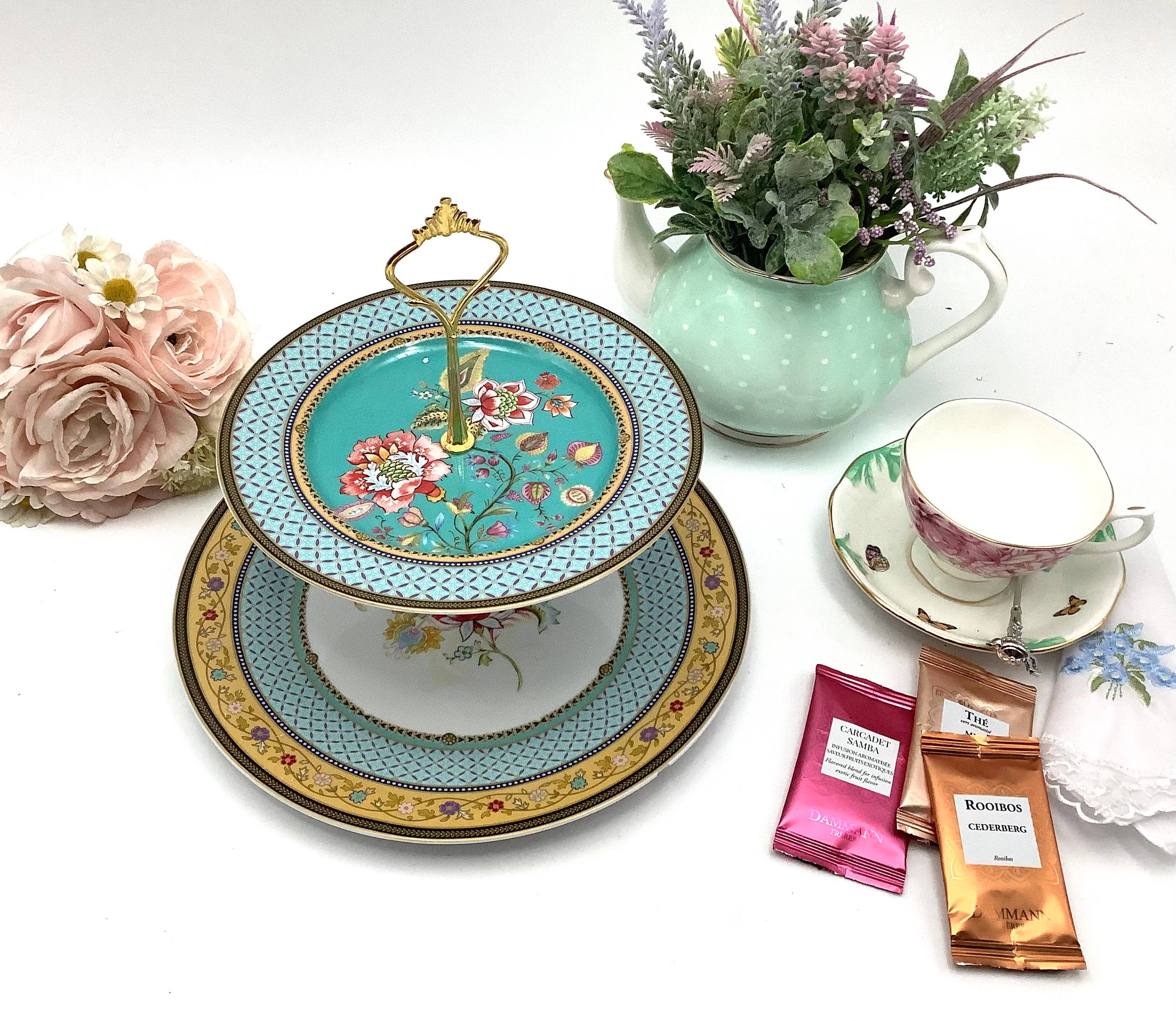 All Little Cute Things - Wholesale Cake Stand - Flowers with Turquoise Teal Border Tiered Cake Stand1