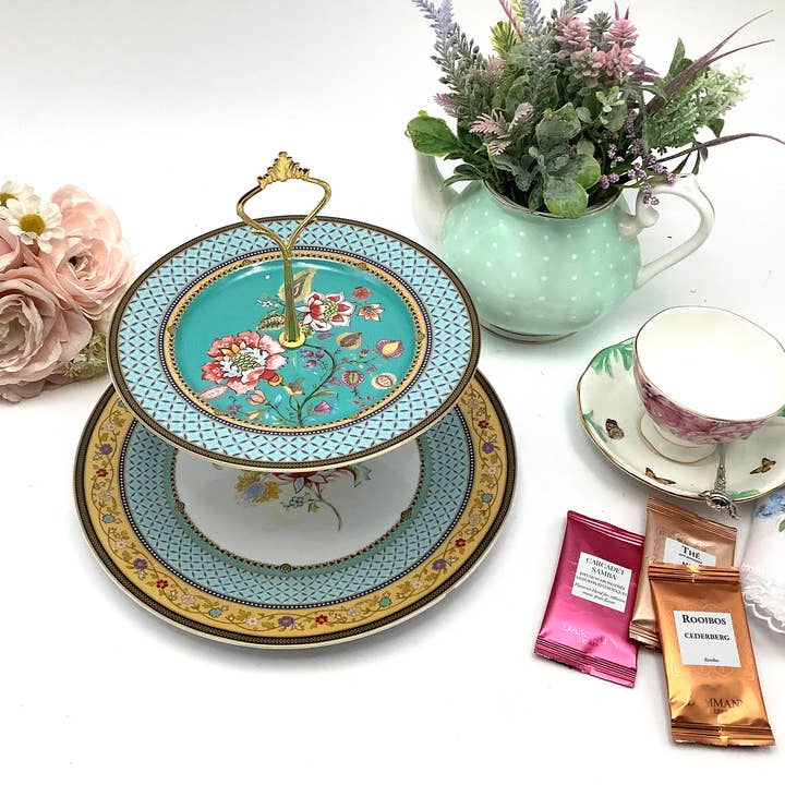All Little Cute Things - Wholesale Cake Stand - Flowers with Turquoise Teal Border Tiered Cake Stand1