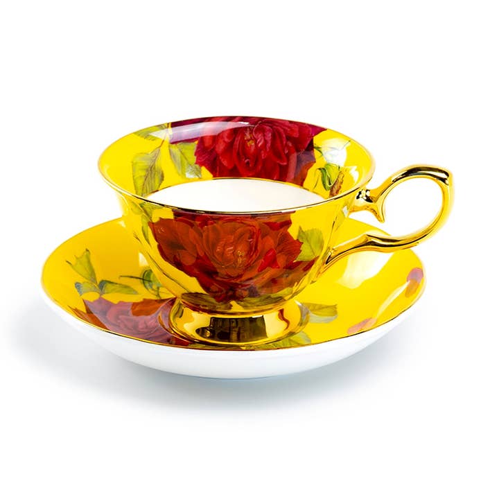 Grace Teaware - Wholesale Tea Set - Gold Yellow Stem Rose 7oz Bone China Tea Cup and Saucer