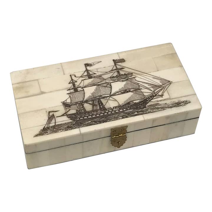 Ship of the Line Engraved Scrimshaw Bone Box, 6-1/4” for wholesale by Madison Bay Co. - Historical Home Decor Reproductions