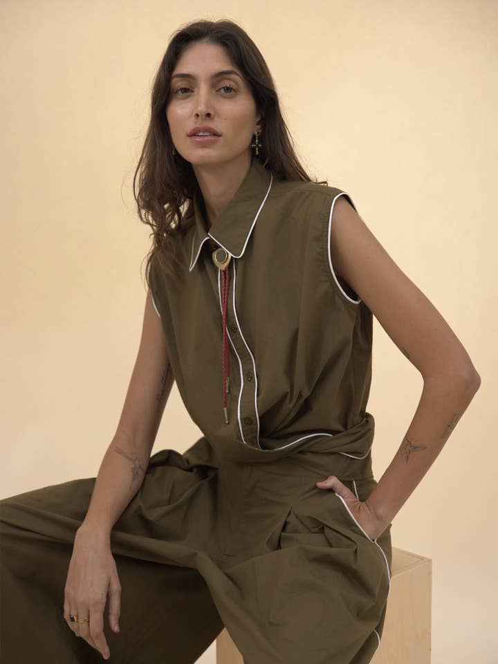 Cisco Sleeveless Wrap Shirt - Olive for wholesale by Zandra Stone