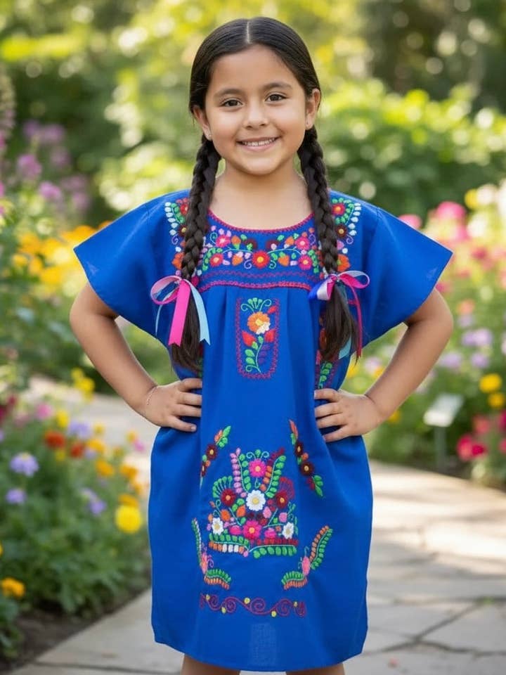 Vestido Mexicano Puebla para Menina Azul Royal por atacado de Cielito Lindo