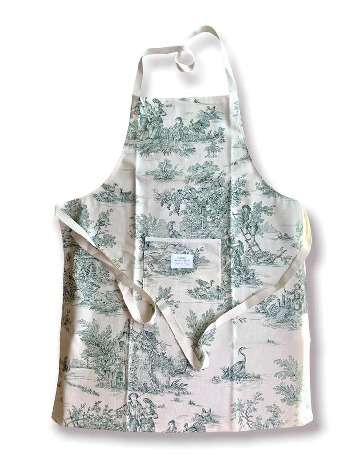 Forklæde til voksne med grønt Toile de Jouy-frugtmotiv for engroshandel hos Bazar Atelier Sablon