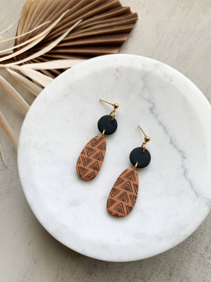 Boho teardrop clay earrings| black and orange earrings for wholesale by Lotus of clay