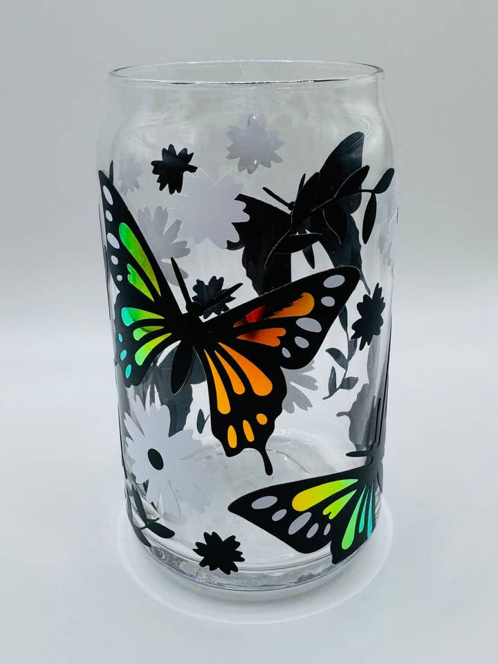 Holographic monarch butterfly beer can glass for wholesale by Olivia Reagan Designs