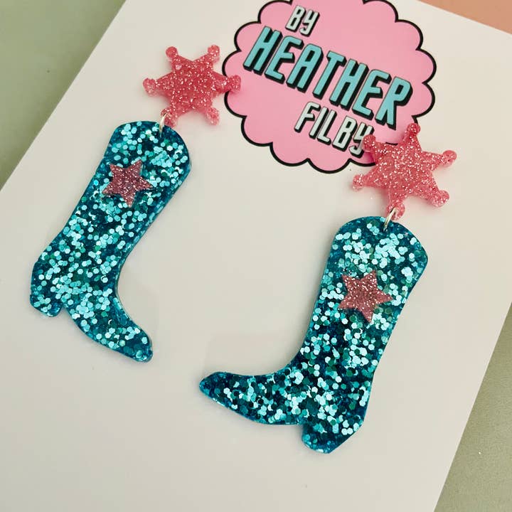 By Heather Filby - Wholesale Dangle Earrings - Cowboy Boot Glitter Earrings (MORE COLOURS) - Best Seller30