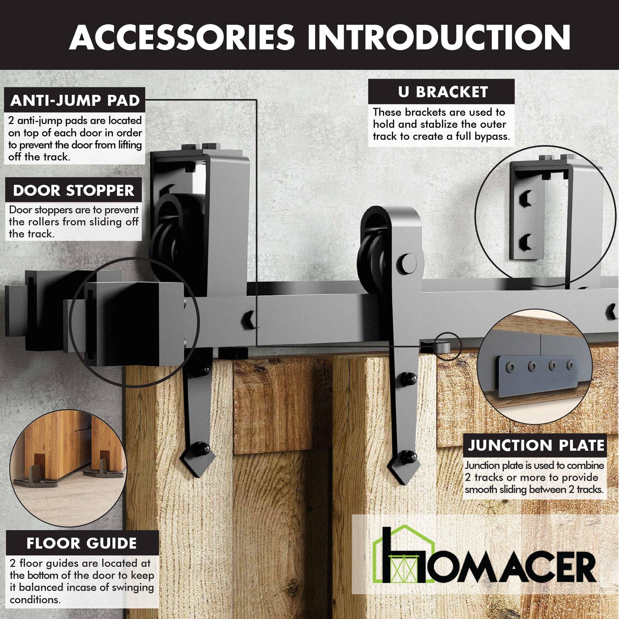 Homacer INC - Wholesale Knob/Pull - Double Track U-Shape Bypass Sliding Barn Door Hardware Kit - Arrow Design Roller5