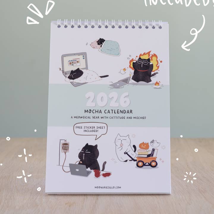 Moonaries illo - Wholesale Calendar - Cute Black Cat Desk Calendar 2026 - A5 portrait0