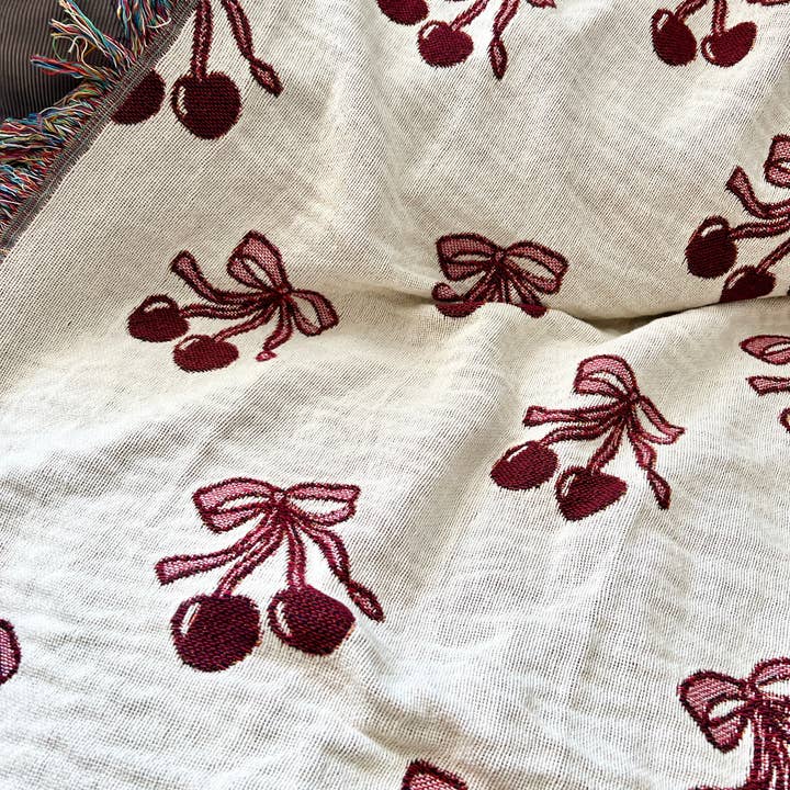 PunchyStuff Studio - Wholesale Throw Blanket - Coquette Cherry Bows - Cotton Woven Throw Blanket