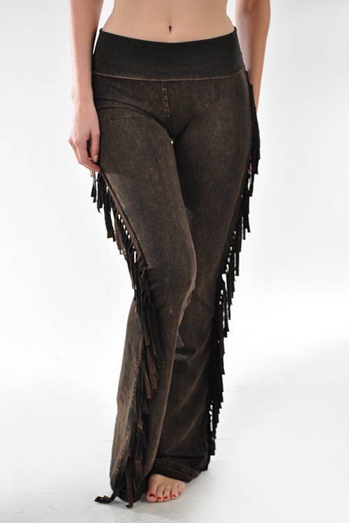 T-Party - Wholesale Pants - Women's - Mineral Wash Side Fringe Foldover Waist Bootcut Yoga Pants