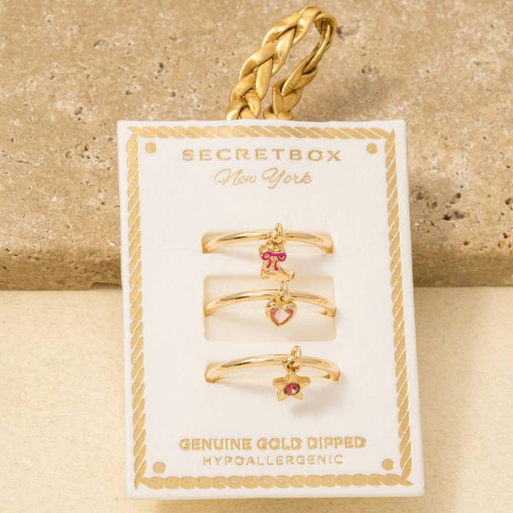 Secret Box Gold Dipped 3Pc Dangle Charms Band Rings Set for wholesale by Anarchy Street