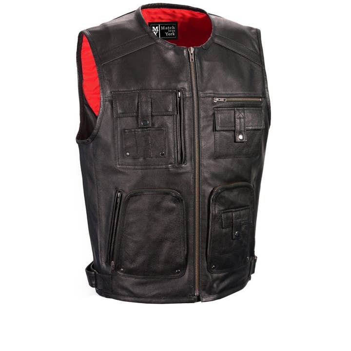 Men's Leather Black Zipper Long Length Cowhide Leather Vest for wholesale by Matchless York