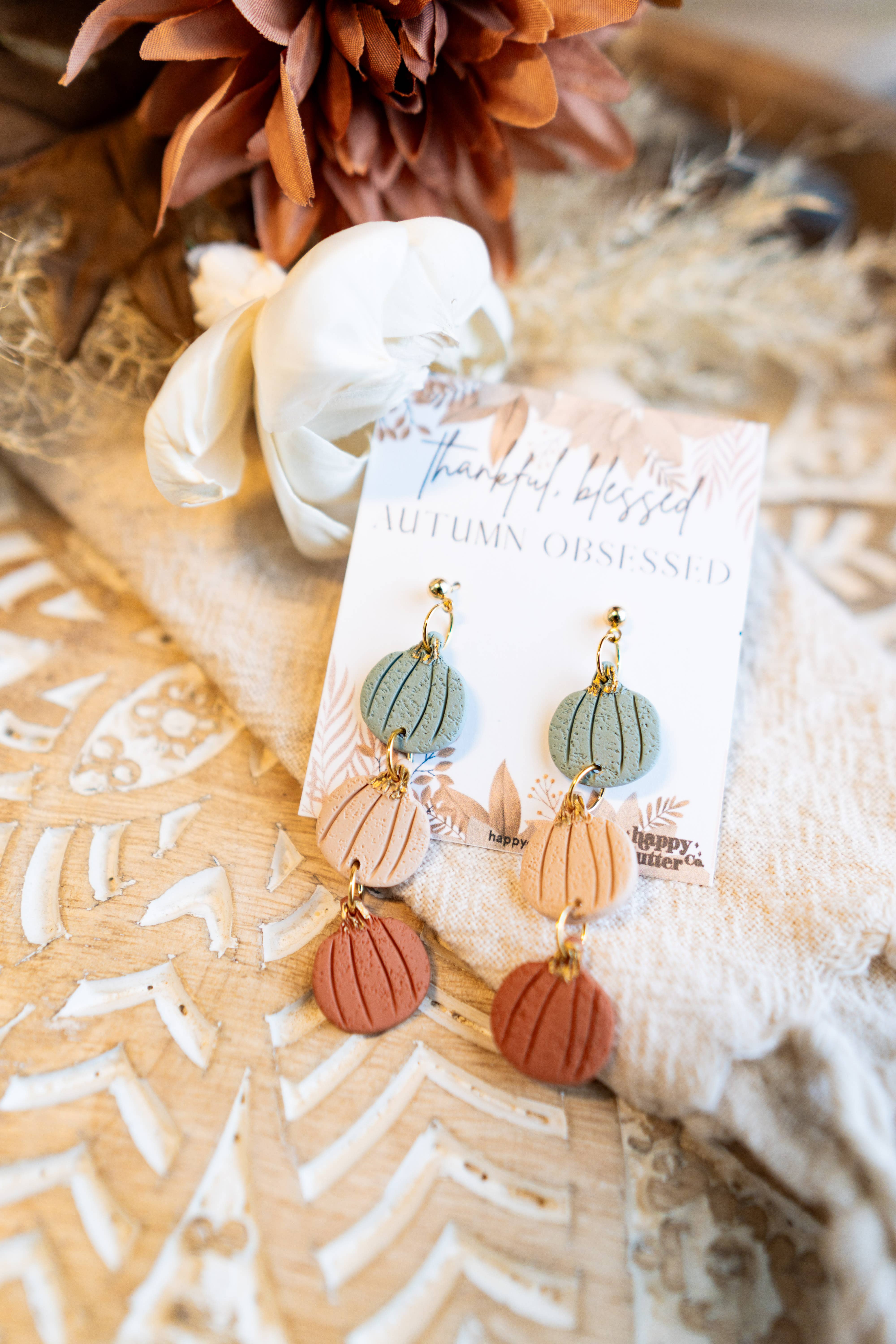 Happy Cutter Co - Wholesale Dangle Earrings - Pumpkin Dangle Earrings | Triple Pumpkin Fall Clay Earrings