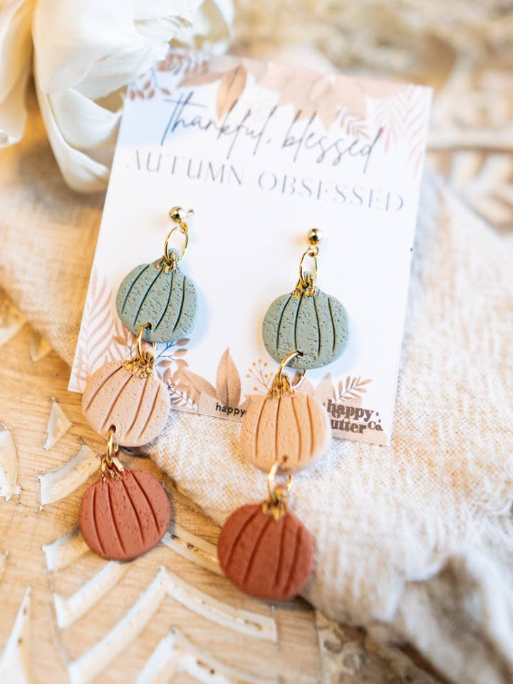 Pumpkin Dangle Earrings | Triple Pumpkin Fall Clay Earrings for wholesale by Happy Cutter Co