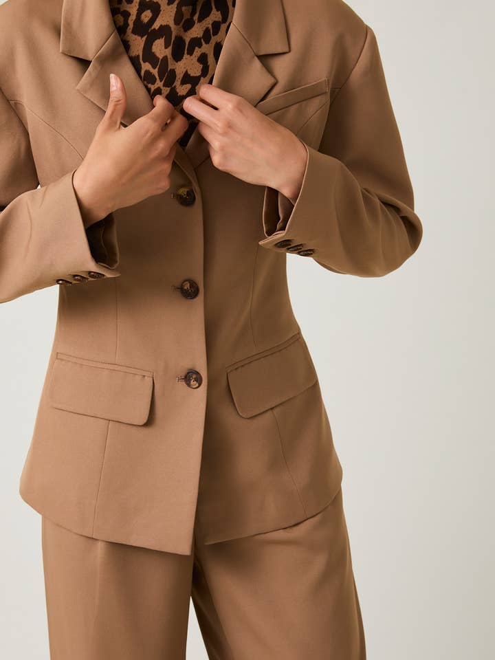 TAUPE STRUCTURED SHOULDER FIT & FLARE BLAZER for wholesale on Faire15