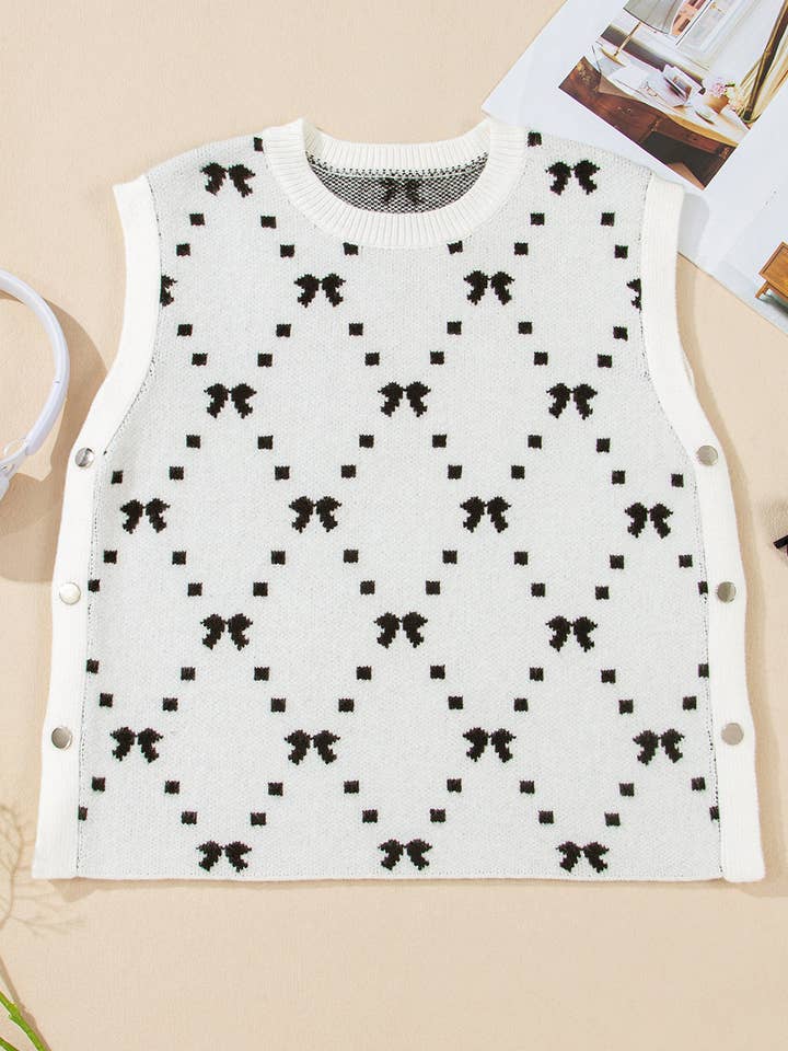 White Bow Pattern Buttoned Side Cropped Sweater Vest for wholesale on Faire
