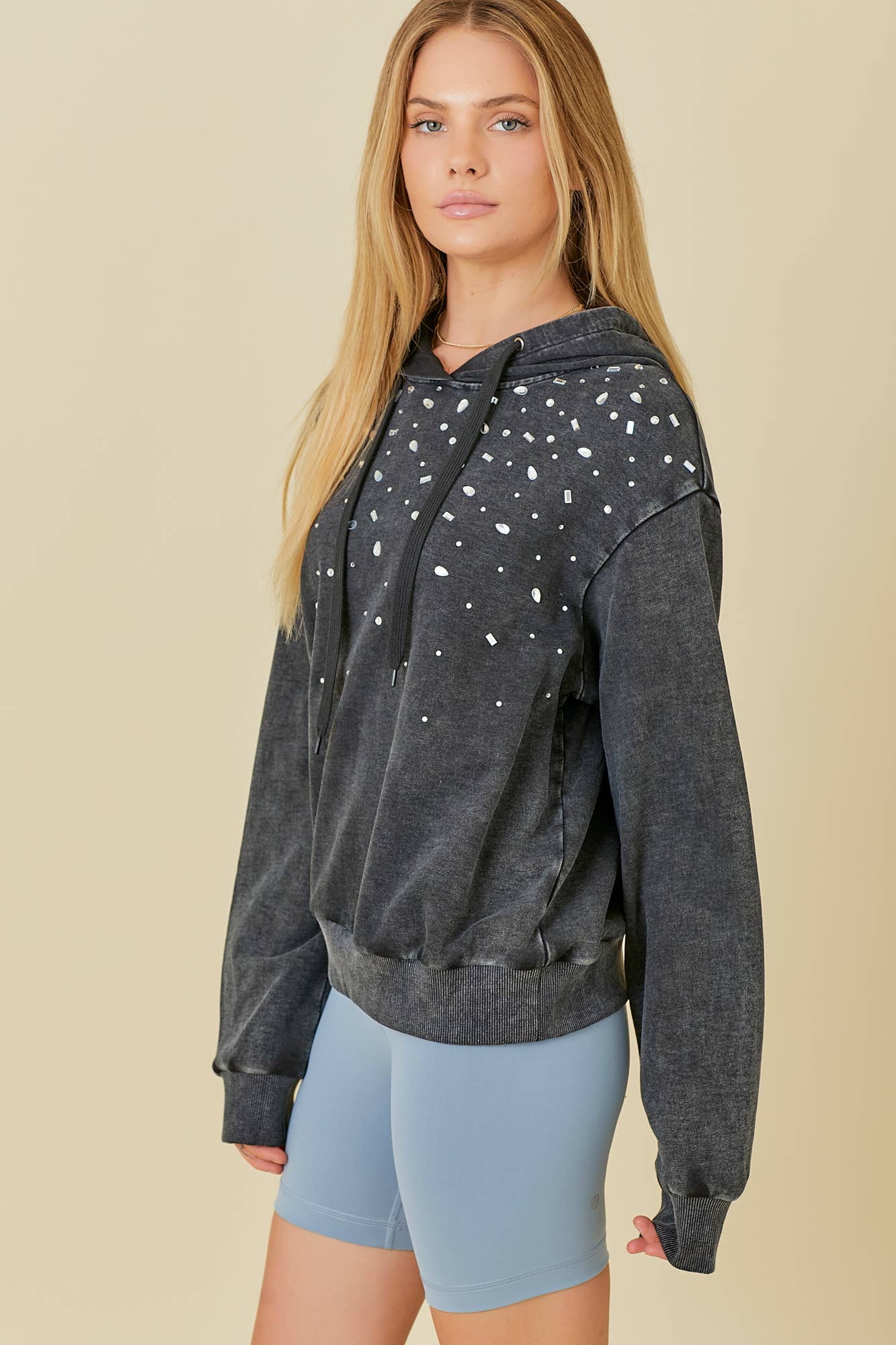 BLACK Washed Hoodie With All Over Rhinestone Detail for wholesale on Faire6