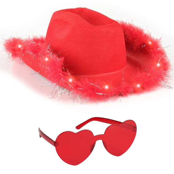Red Cowgirl Hat with Glasses - Light Up Hat with Feathers for wholesale by Funcredible
