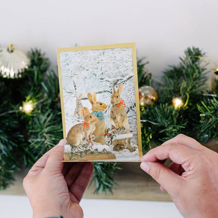 Mamelok - Venta al por mayor Tarjetas de Navidad - TARJETA DE NAVIDAD EN CASCADA DE CONEJOS1