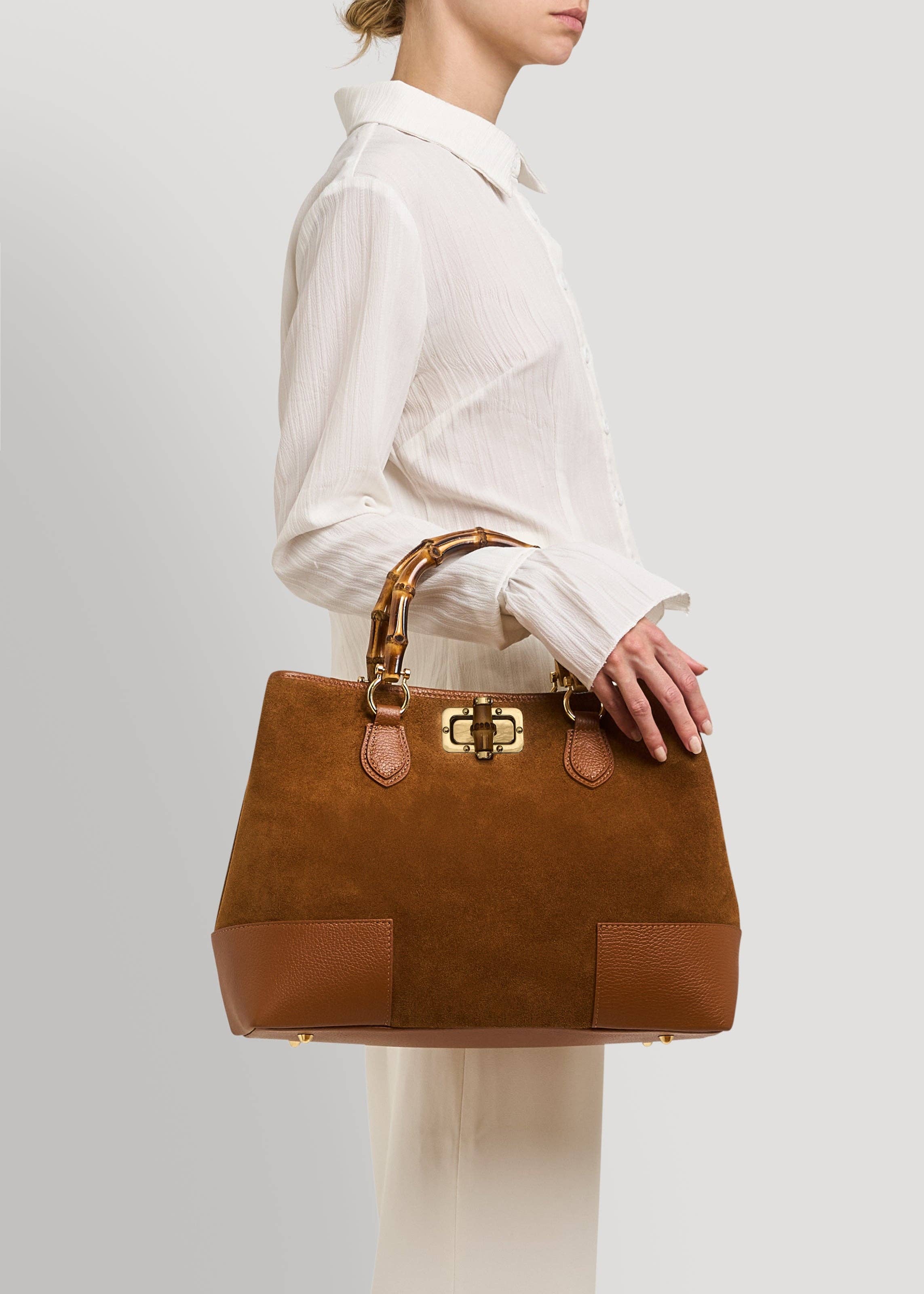 Voemièn - Wholesale Top Handle Bag - Women's - Bamboo Babe Bag in Tan Suede and Leather6