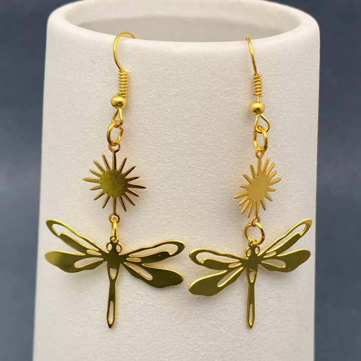 Golden Star Dragonfly Linked Dangle Earrings - MS for wholesale by Mio Queena