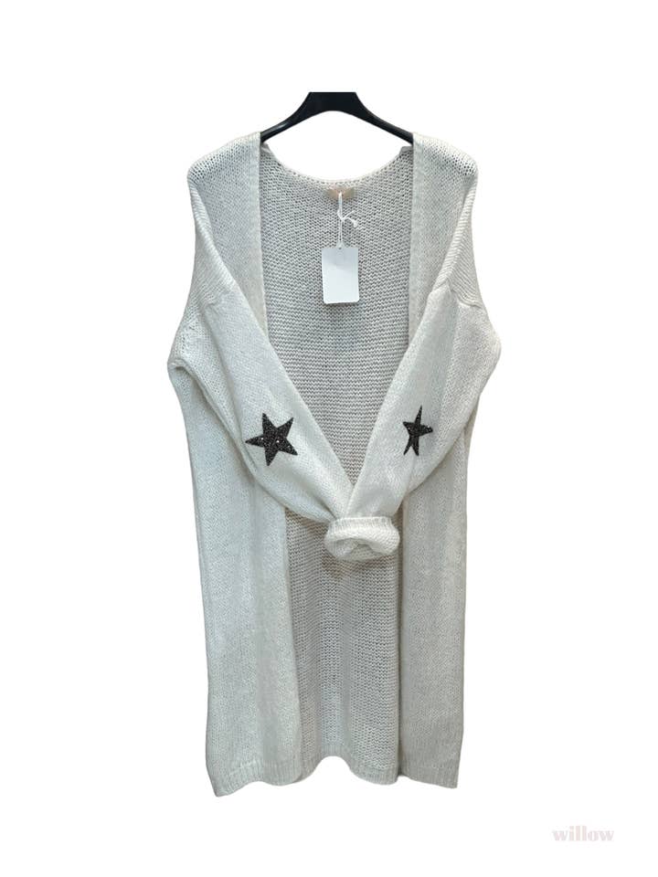 MOONSUN – wholesale Kofta - Dam – Tjock lång kofta med mohair och stjärnor vid armbågarna #3559 -1
