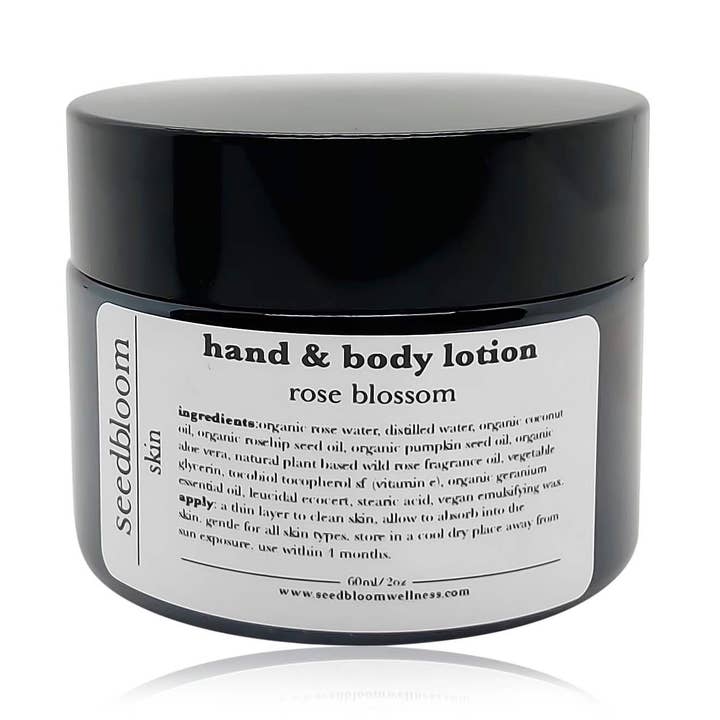 NEW! Rose Blossom hand and body lotion in 2oz glass jar for wholesale by seedbloom