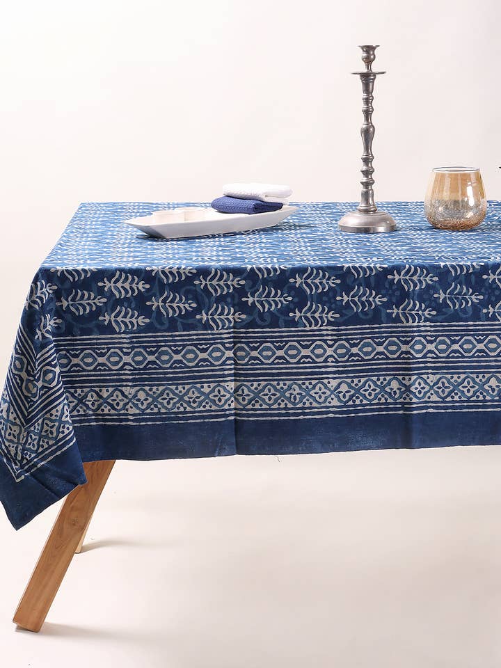 Indian Indigo Blue Leaf Print Cotton Tablecloth - Handmade for wholesale by Artsy Home