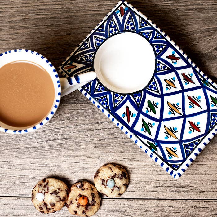 Ecozyna – Chávena de chá por atacado – Xícara de cerâmica para café/chá com pires ondulado azul3