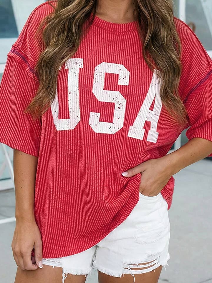 Haut à manches courtes côtelé ample graphique USA (S-XL) pour la vente par 66DISCO