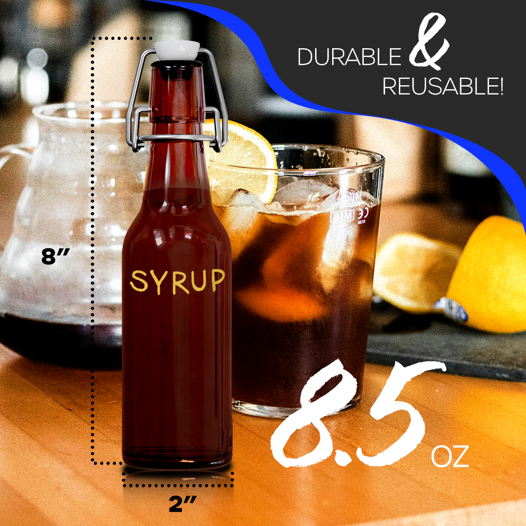 Nevlers – wholesale Mjölk- och juiceflaska – Nevlers 8,5 oz bärnstensfärgade glasölflaskor med svängkork (förpackning med 18) | Inkluderar tratt, borste och markör2