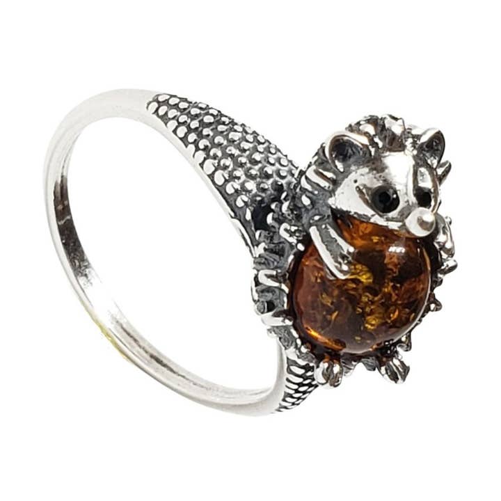 Cognac Amber Sterling Silver Hedgehog Ring for wholesale by Amberman