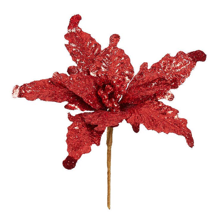 Factory Direct Craft - Wholesale Artificial flowers - 11" Red Tinsel Poinsettia Christmas Floral Pick 3