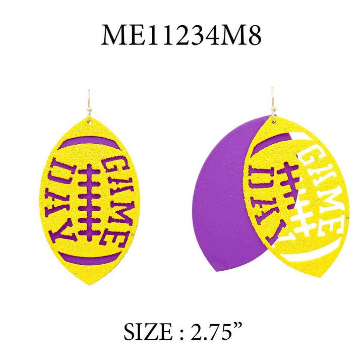 Purple Metal and Yellow Glitter Gameday Football 2" Earrings for wholesale by What's Hot