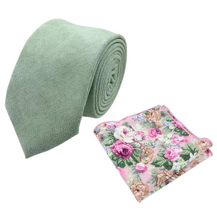 Harrison: Conjunto de Gravata em Mistura de Algodão Verde Sálvia e Lenço de Bolso Floral Botânico Rosa por atacado de Dickie Bow