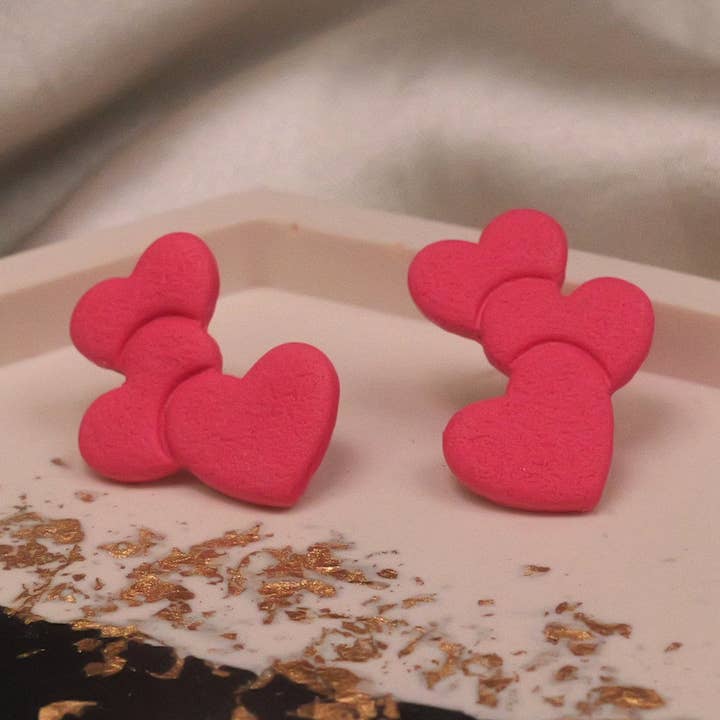 Valentine's Day Textured Triple Heart Studs - Pink for wholesale by Fox and Bunny Rise