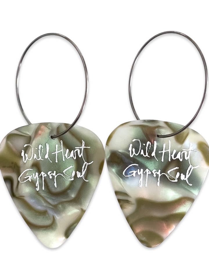 Boho Guitar Pick Hoop Earrings Wild Heart Gypsy Soul Abalone for wholesale by Groupie Love