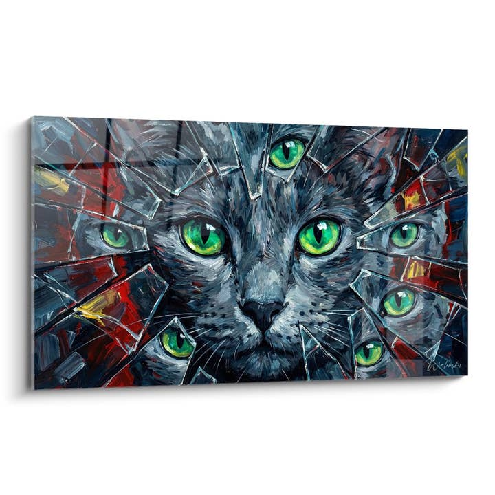 Tableau Chat aux Yeux Verts Fragmentés - Regard Hypnotique - Edition chat Russian Blue pour la vente par Walensky