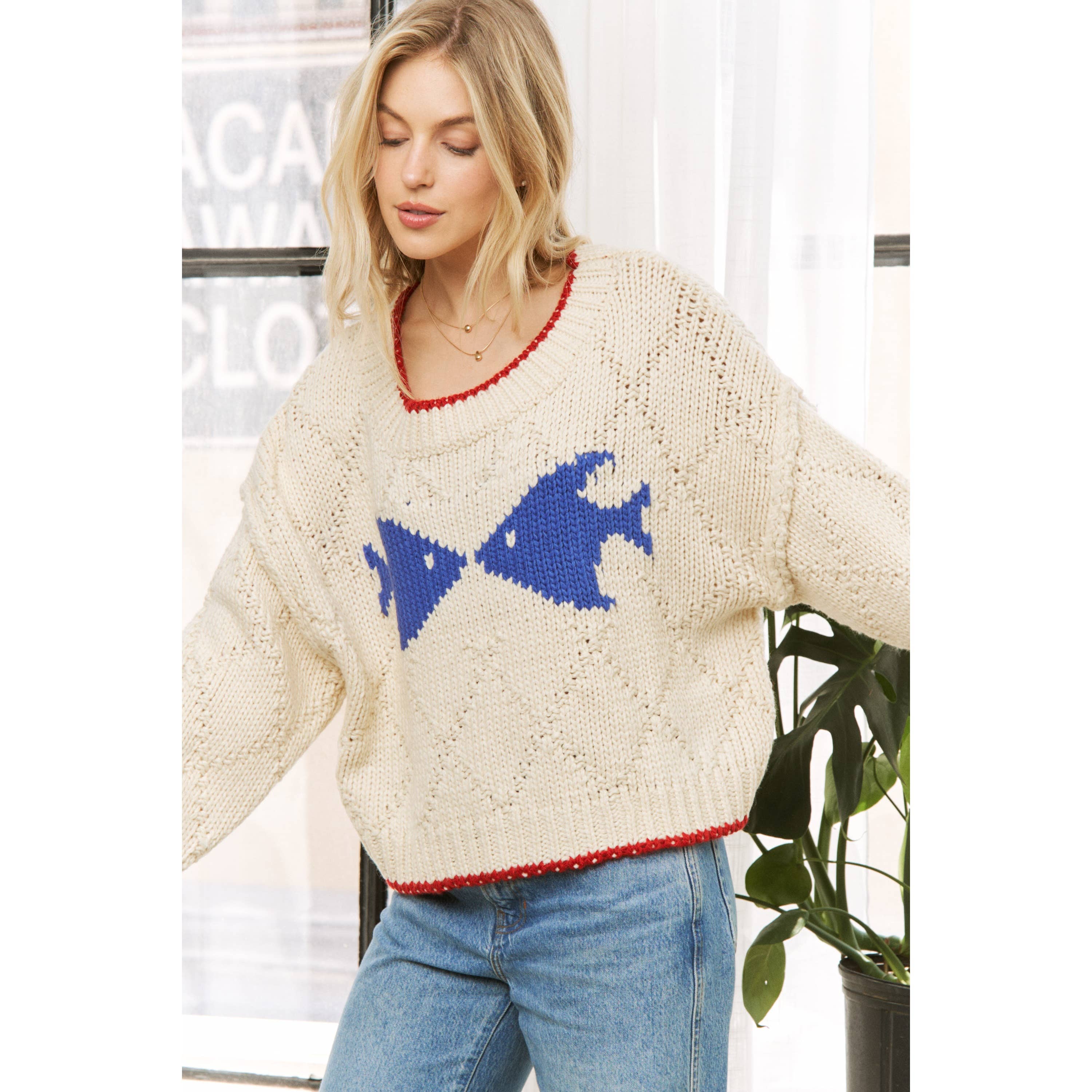 Sweet Generis – Großhandel Strickpullover – Damen – Strickpullover mit Fisch-Jacquard und speziellen Nähten5