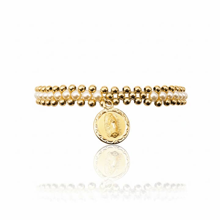 Pulsera elástica dorada de Nuestra Señora de Guadalupe con cuentas y perlas de 7.5 pulgadas para venta al por mayor de Guadalupe Gifts