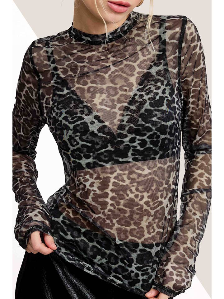 La Miel - Wholesale T-Shirt - Women's - JDT7709-Semi Sheer Leopard Printed Long Sleeve Mesh Top13