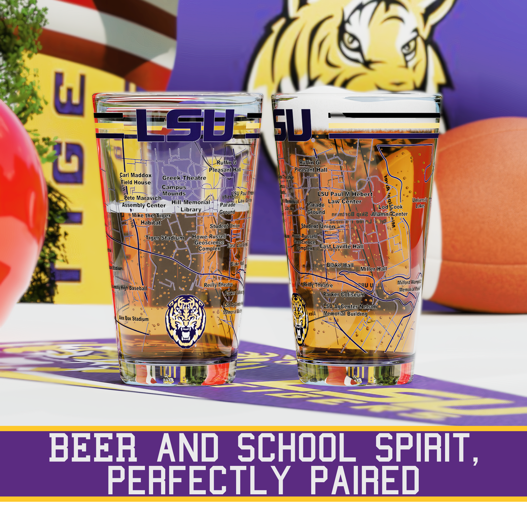 Greenline Goods - Wholesale Beer Glass/Mug - Louisiana State University Tigers College Pint Glasses - Full Color LSU Logo & Campus Map LSU Tiger Gift Idea College Grads and Alumni (Set of 2)1