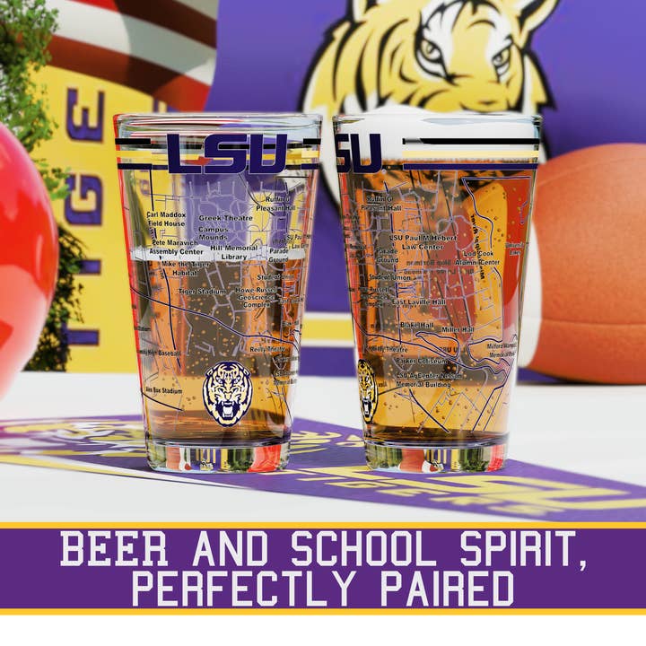 Greenline Goods - Wholesale Beer Glass/Mug - Louisiana State University Tigers College Pint Glasses - Full Color LSU Logo & Campus Map LSU Tiger Gift Idea College Grads and Alumni (Set of 2)1