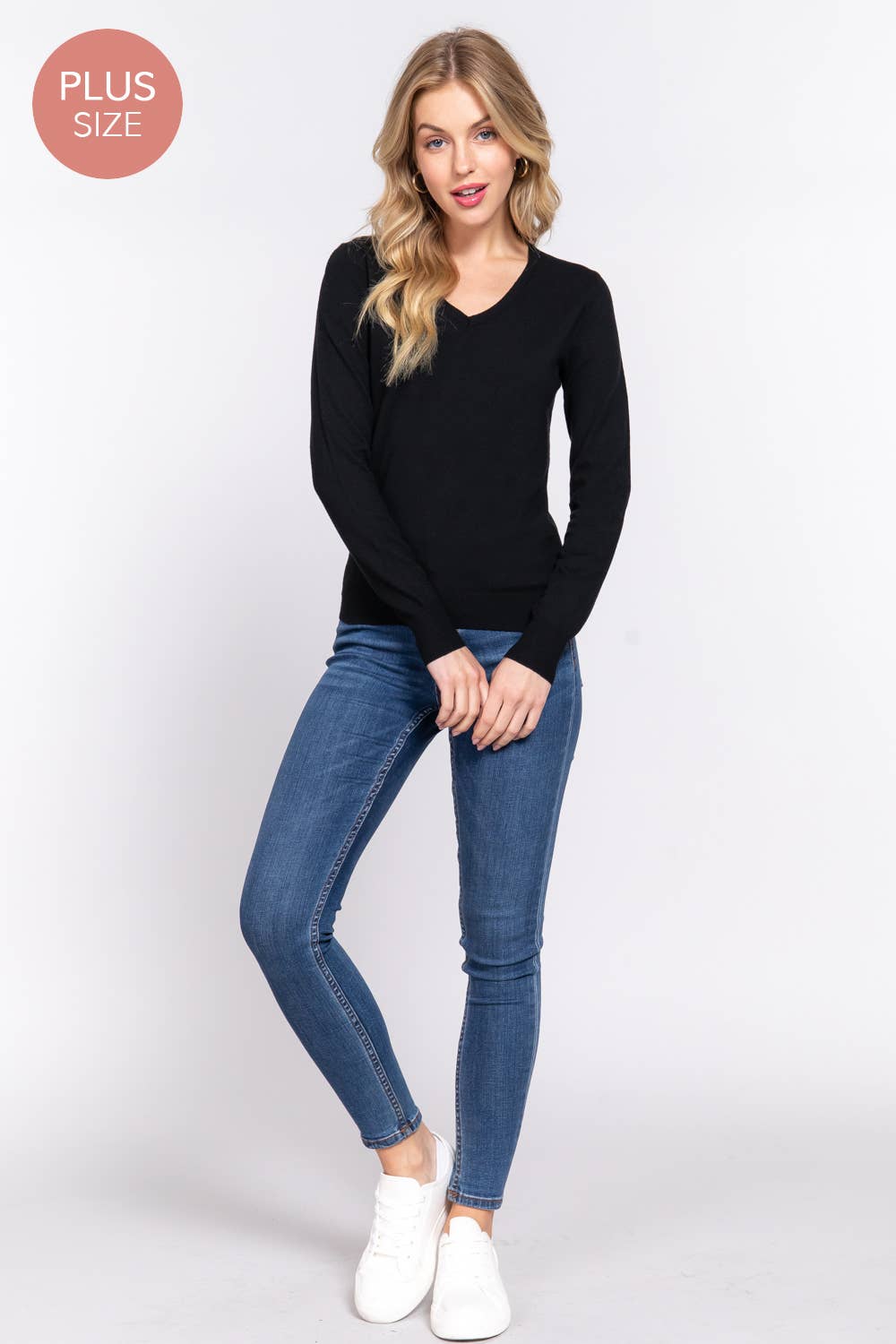 Active Basic | Active USA - Wholesale Knit Sweater - Women's - [PLUS SIZE] Long Sleeve V-neck Basic Sweater19