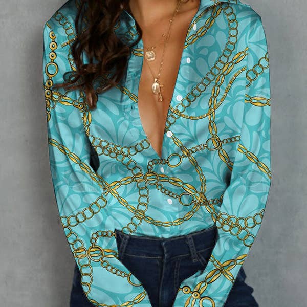 Long Sleeves Loose Buttoned Printed Lapel Blouses&Shirts Tops for wholesale by Sheer Trend