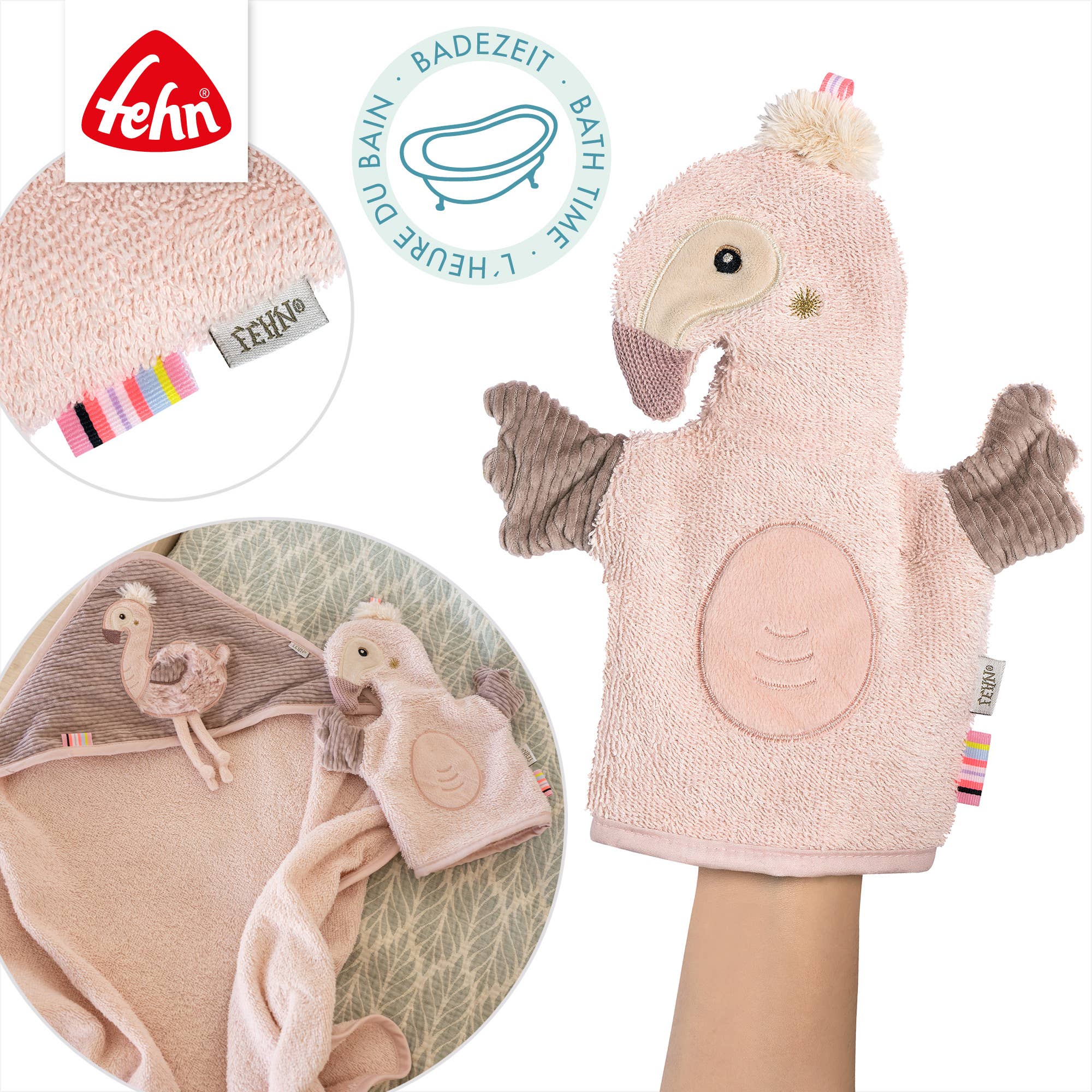 Fehn – wholesale Tvätthandske - Barn och baby – Flamingo-tvättvante med djurmotiv3