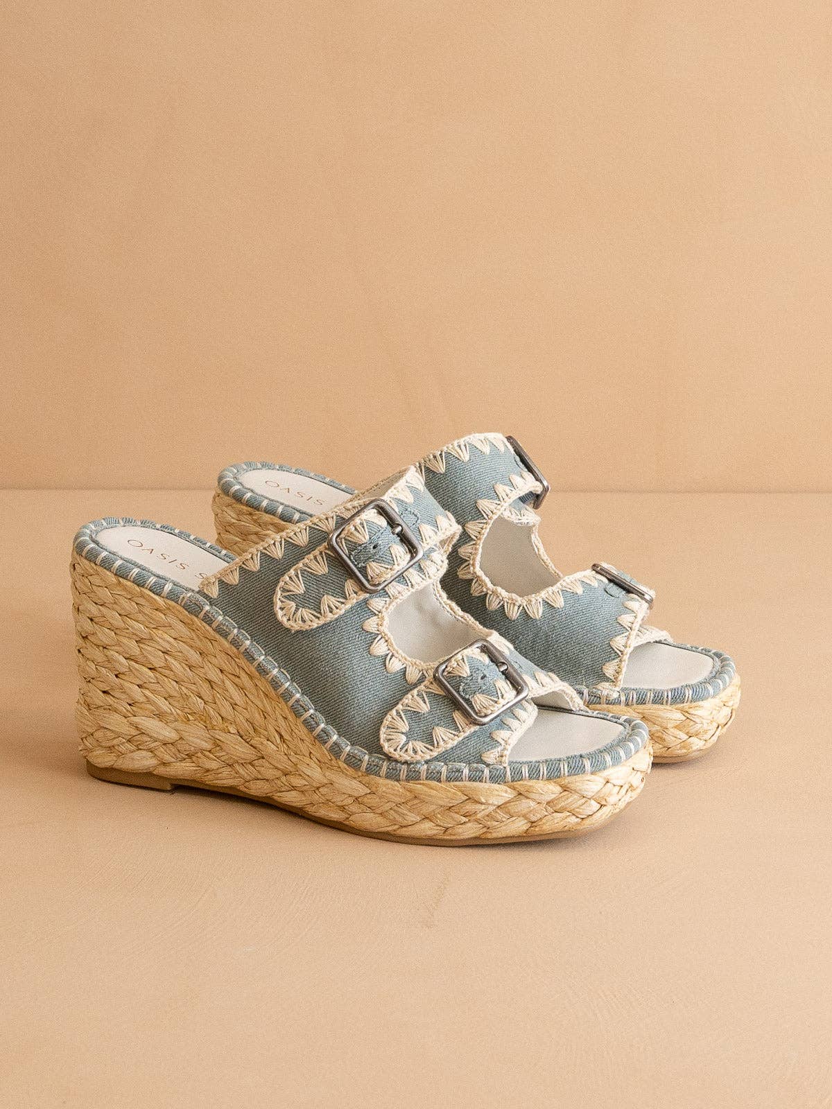 The Rae | Blue Embroidered Espadrille Wedges Double Buckle for wholesale on Faire3