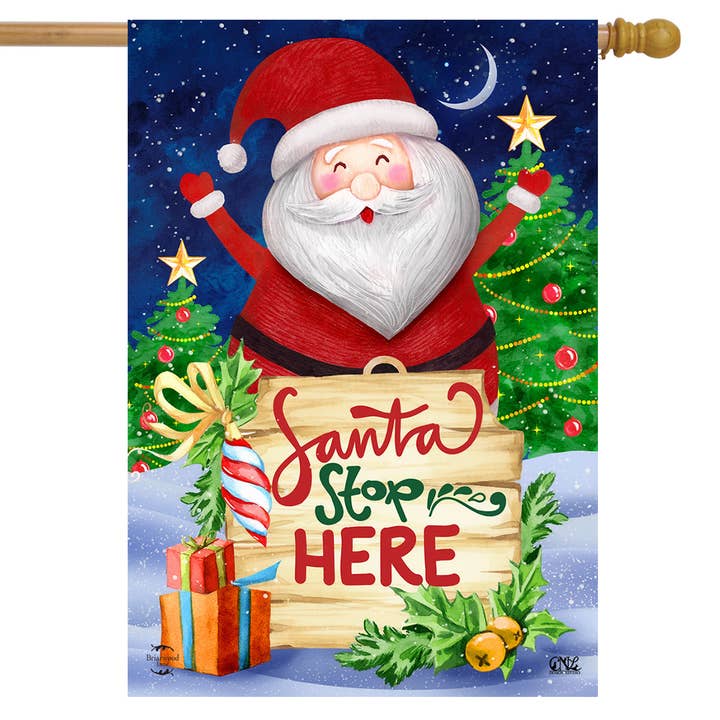 Santa Stop Here Double-Sided House Flag for wholesale by Briarwood Lane