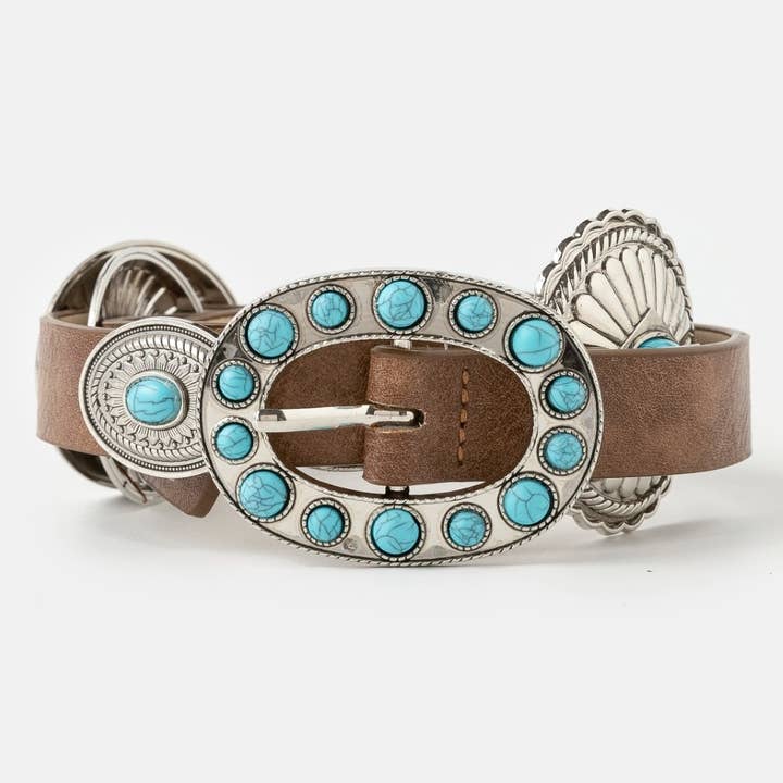 Westerse Ronde Turquoise Gesp Concho Riem voor wholesale door Collections by Fame Accessories