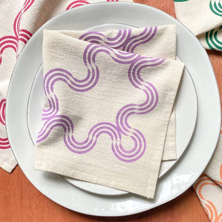 Wavy Ribbon Hand Printed Cotton Napkins, Set of 4 for wholesale by Bright Beige